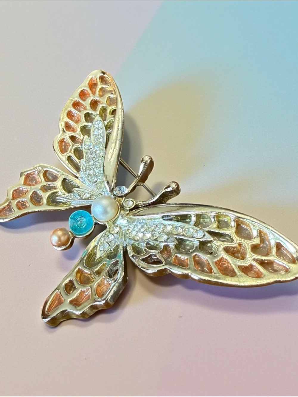 Vintage Signed Coro Gold Tone Butterfly Brooch Pink Enamel Aqua Accent Pin